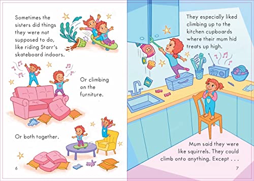 Two illustrated pages showing sisters playfully climbing and exploring indoors.