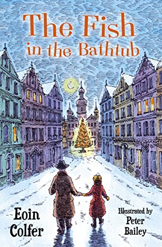 Book cover: snowy street scene with two figures and a decorated tree.