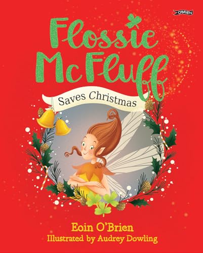 Book cover: fairy Flossie McFluff with Christmas decorations, red background.