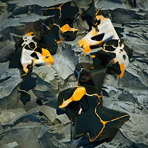Abstract black and orange cracked shapes on a textured grey background.