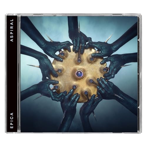 CD case for Epica’s “Aspiral” album, featuring hands around a golden disc.