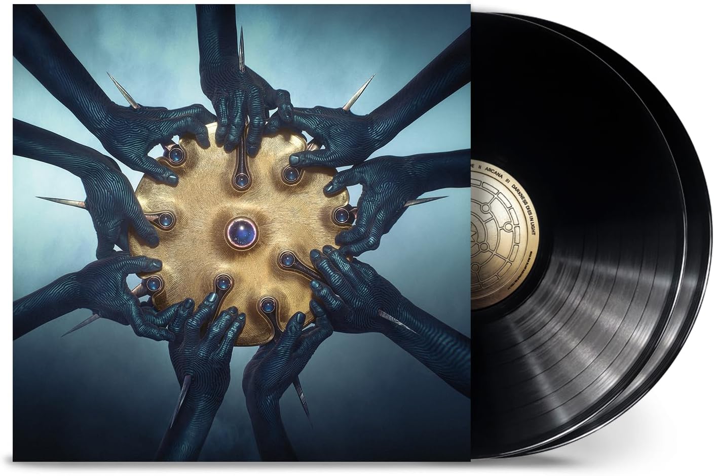 Vinyl record with abstract art of hands and a golden orb.