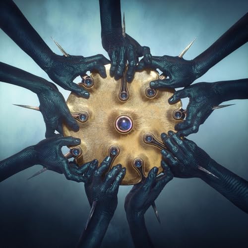 Dark album cover with golden disc and multiple grasping hands.