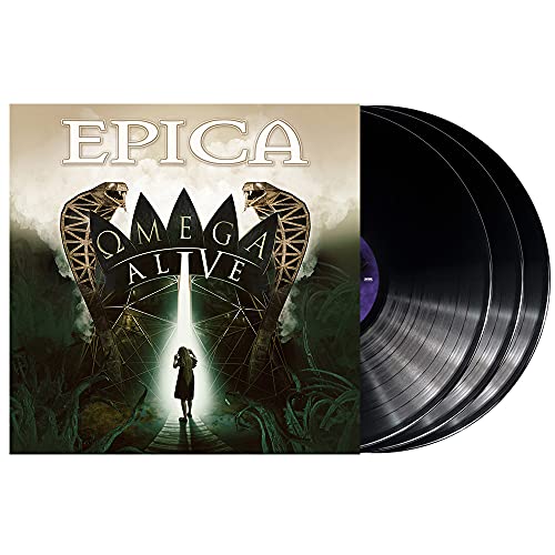 Epica Omega Alive album cover with two black vinyl records displayed next to it.