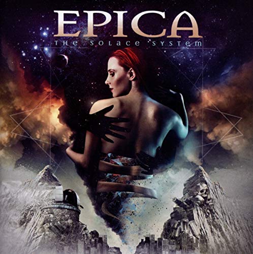 The image depicts the album cover for "The Solace System" by Epica, featuring a red-haired woman surrounded by a surreal landscape.