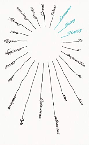 Book cover with radiating lines of text around “Being Happy” and “Epicurus”.
