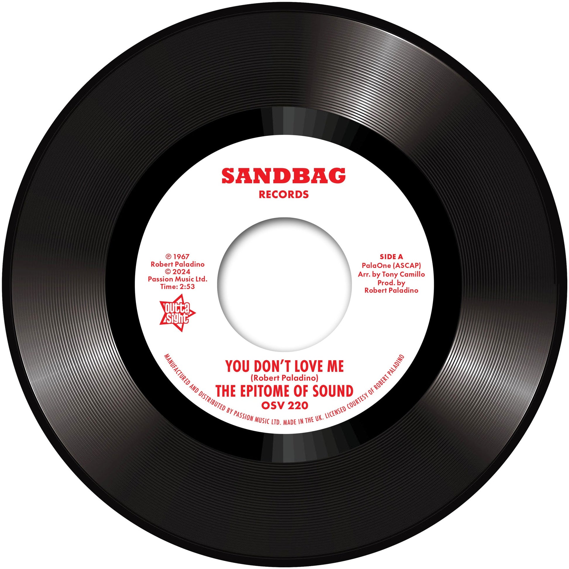Black vinyl record label with red and white text, “You Don’t Love Me.”