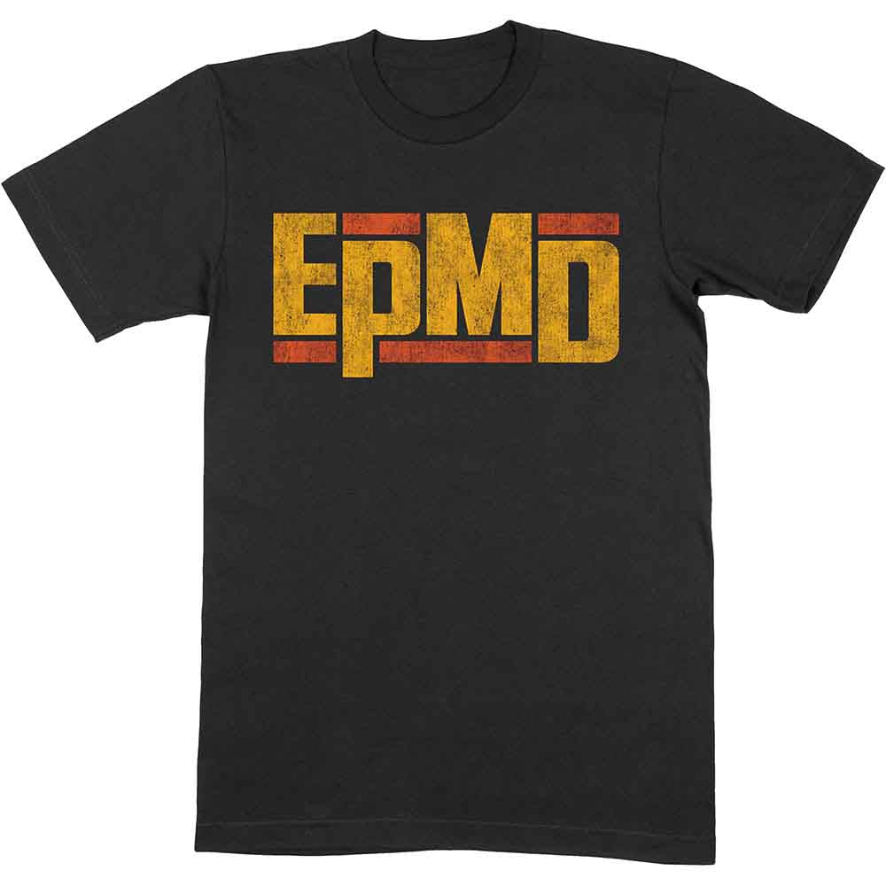 Black t-shirt with distressed yellow and red "EPMD" logo print.