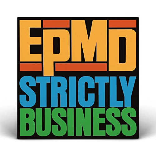 EPMD’s “Strictly Business” vinyl record cover with bold, colorful lettering.