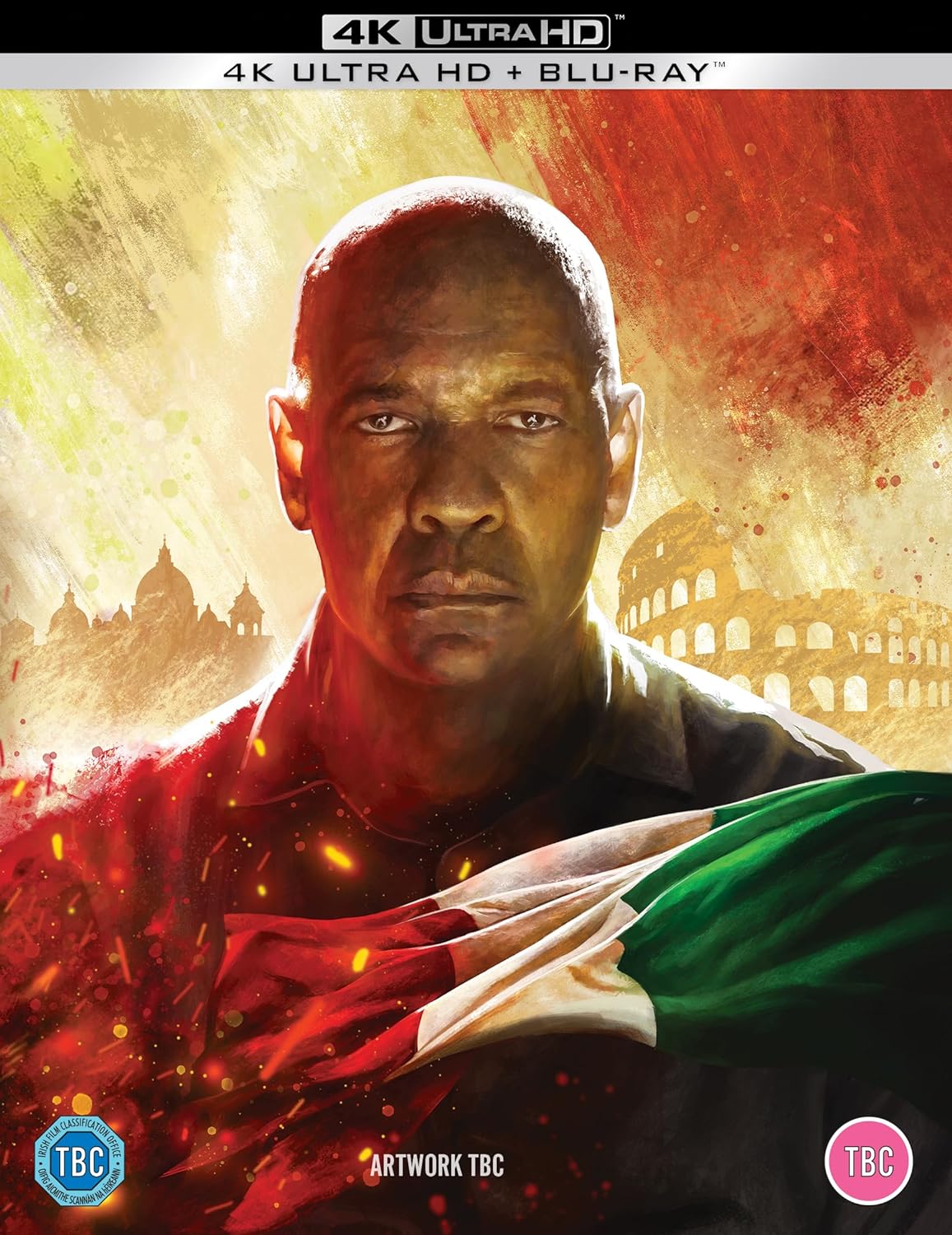 Denzel Washington on "Equalizer 3" Blu-ray cover with Italian scenery.