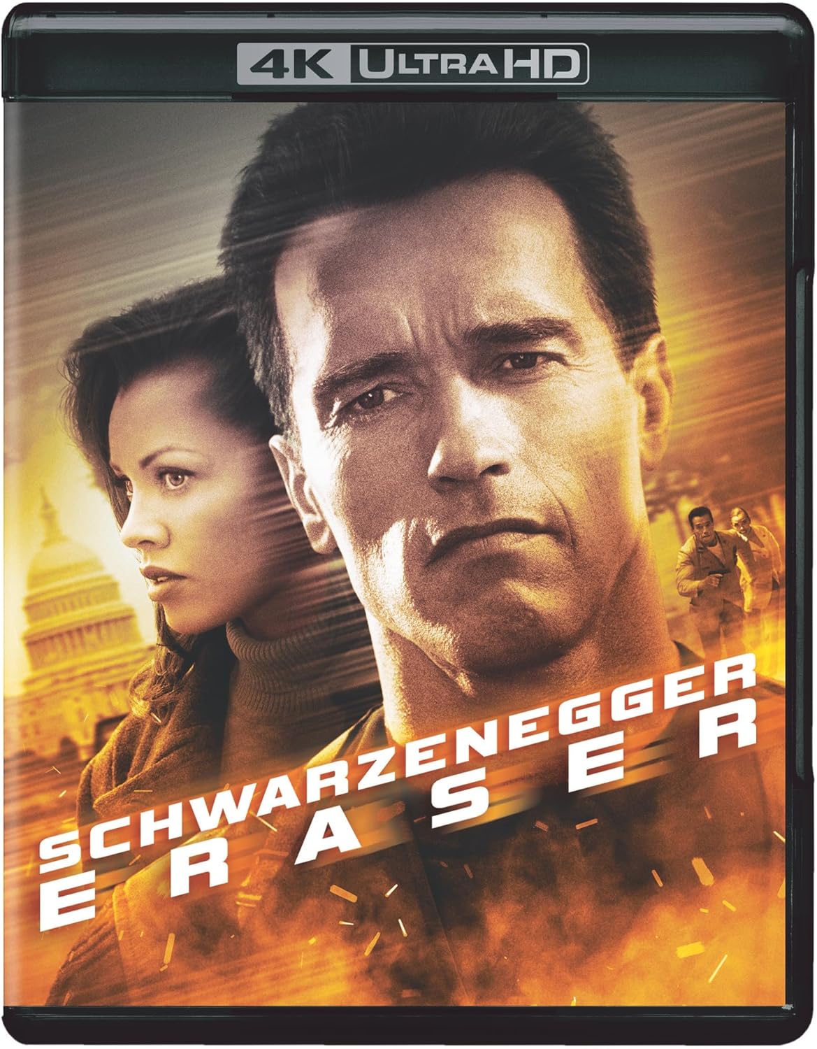Eraser" Blu-ray cover featuring Arnold Schwarzenegger and Vanessa Williams, 4K UHD.