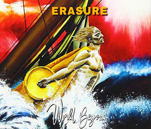 Erasure album cover: man with golden disc amidst swirling red and blue waves.