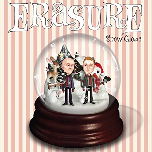 Snow globe with cartoon depictions of Erasure members inside.