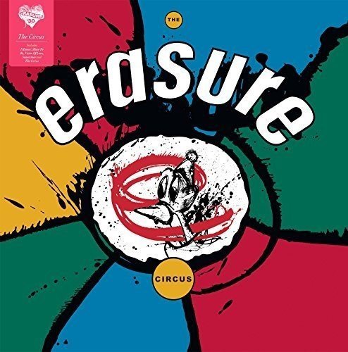 "Album cover with 'erasure' in white text and a clown illustration on a multicolored background."