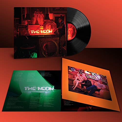 Vinyl record, album cover, and lyric inserts for Erasure's The Neon on red background.
