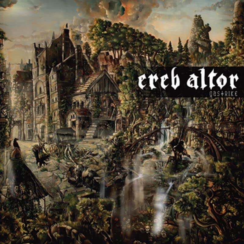 Dark fantasy landscape with a castle, trees, and figures in the foreground.