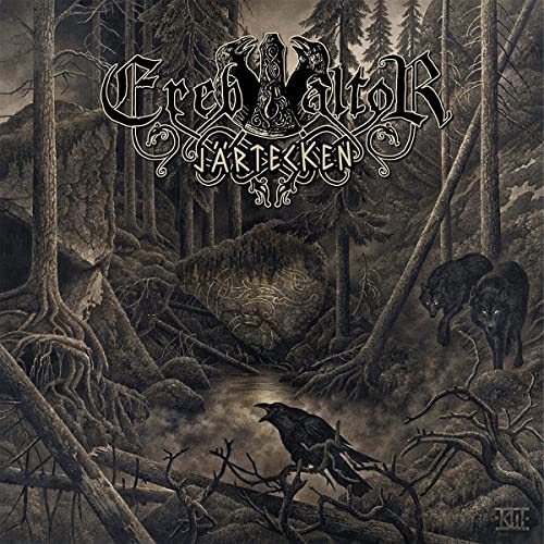 Dark forest scene with wolves, raven, runestone, and band logo.
