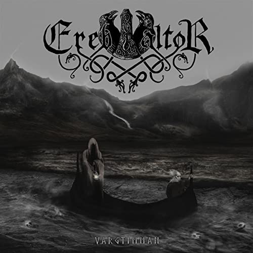 Dark album cover with mountains, a boat, and ornate band logo.