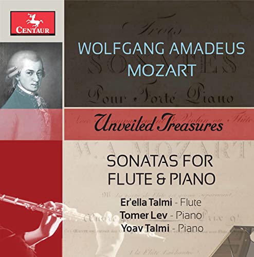 CD cover: Mozart sonatas for flute and piano, featuring portraits and instruments.
