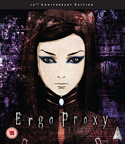 Ergo Proxy Blu-ray cover featuring a pale woman with intense blue eyes.