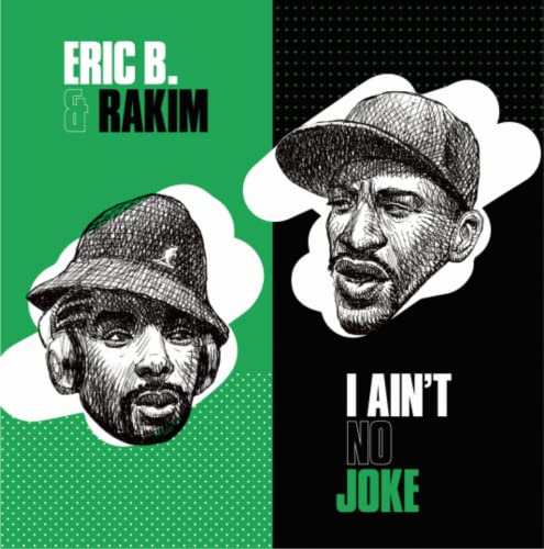 Split portrait of Eric B. and Rakim in halftone style, with text.