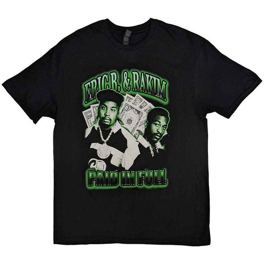 Black t-shirt featuring album art from Eric B. & Rakim’s “Paid In Full.”