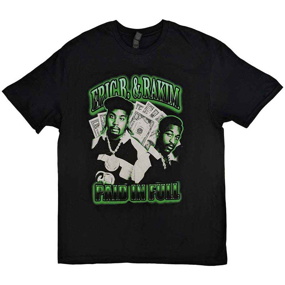 Black t-shirt featuring album art from Eric B. & Rakim’s “Paid In Full.”