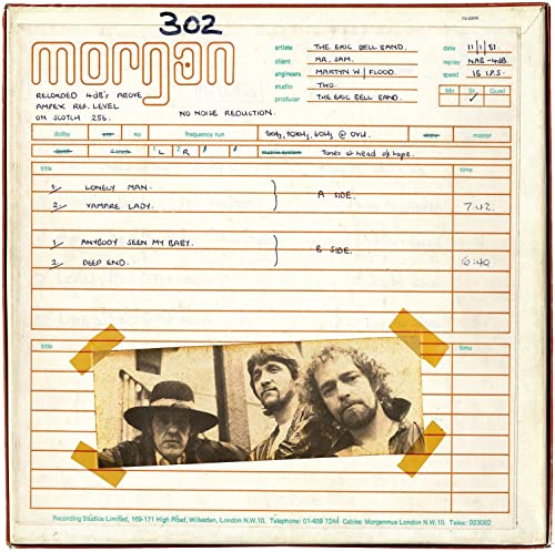 Record label sheet for Eric Bell Band's "Lonely Man" vinyl, with band photo.