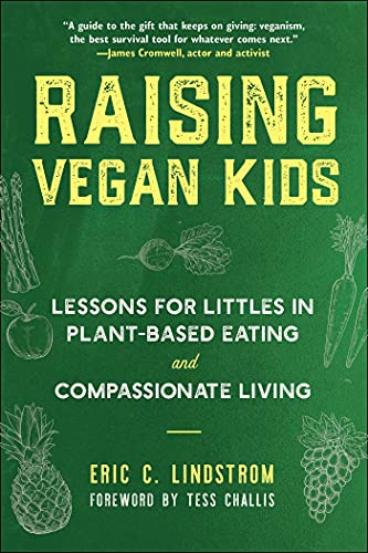 Book cover: "Raising Vegan Kids" with illustrations of fruits and vegetables.