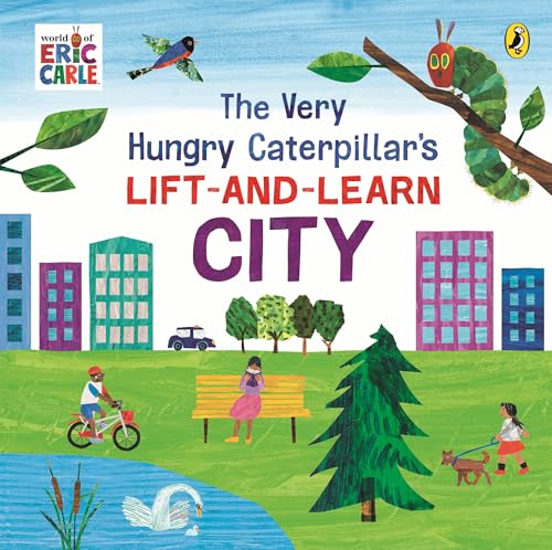 Book cover featuring the Very Hungry Caterpillar in a city park with people.