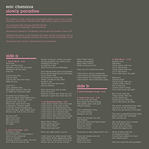 Album back cover with pink text on a dark gray background listing song lyrics.