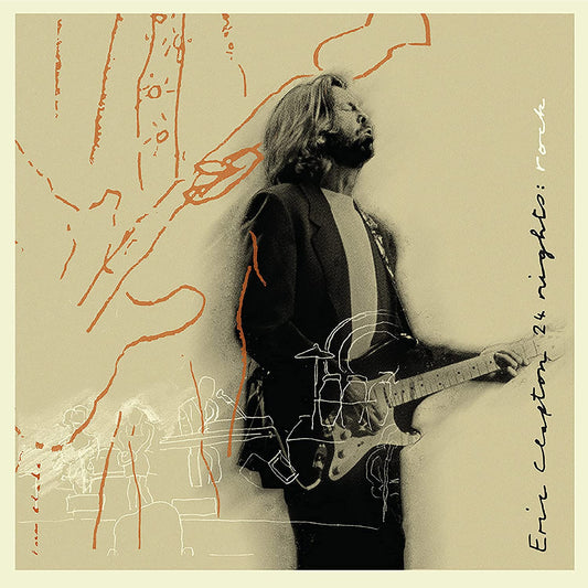 Eric Clapton album cover: sepia-toned portrait with abstract orange lines.