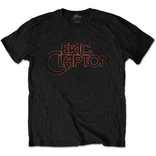 Black t-shirt with red and brown "Eric Clapton" logo graphic.