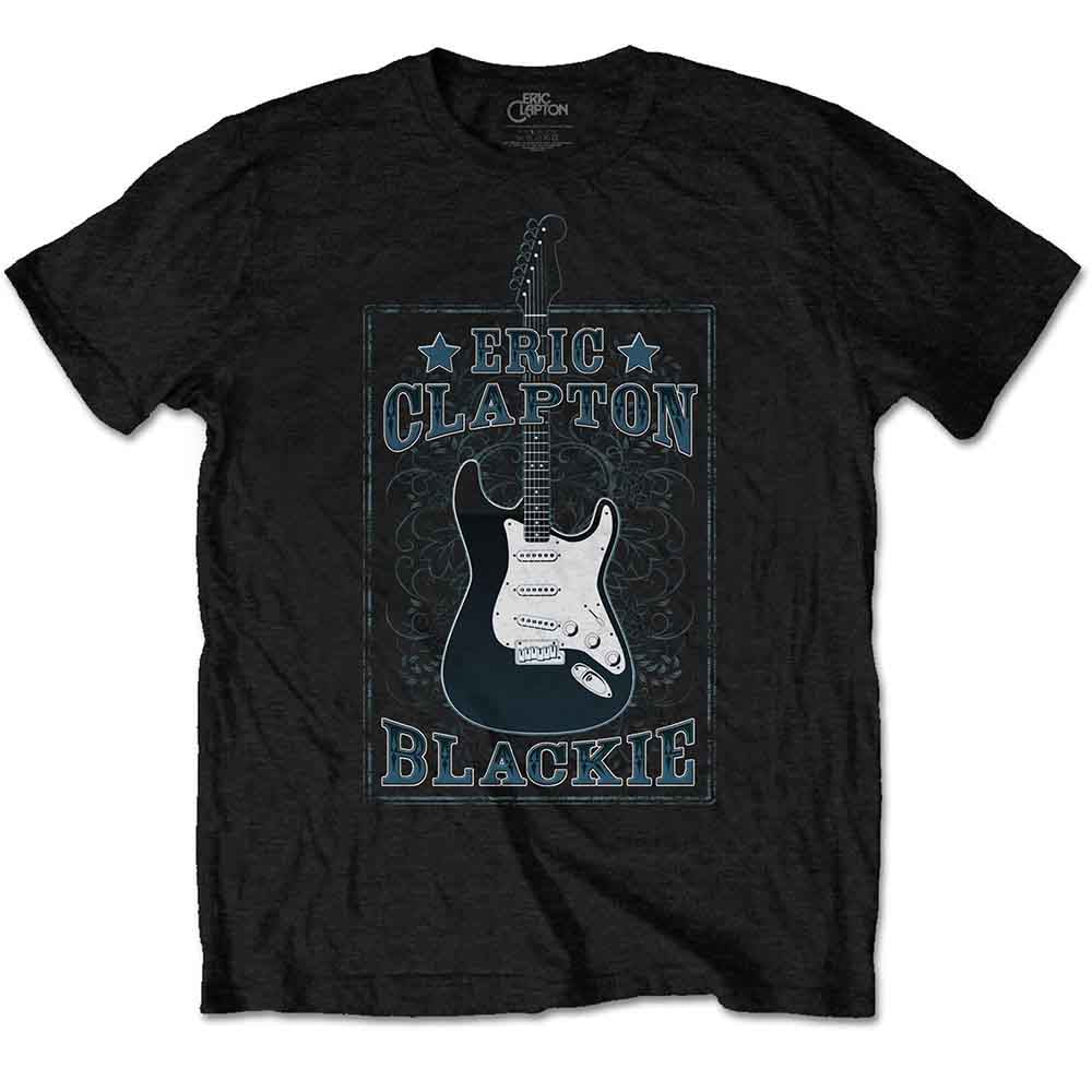 Black t-shirt with a blue and white Eric Clapton "Blackie" guitar logo.