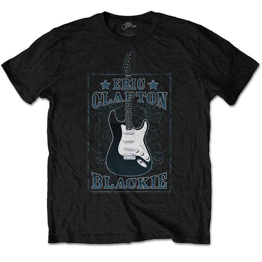 Black t-shirt with a blue and white Eric Clapton "Blackie" guitar logo.