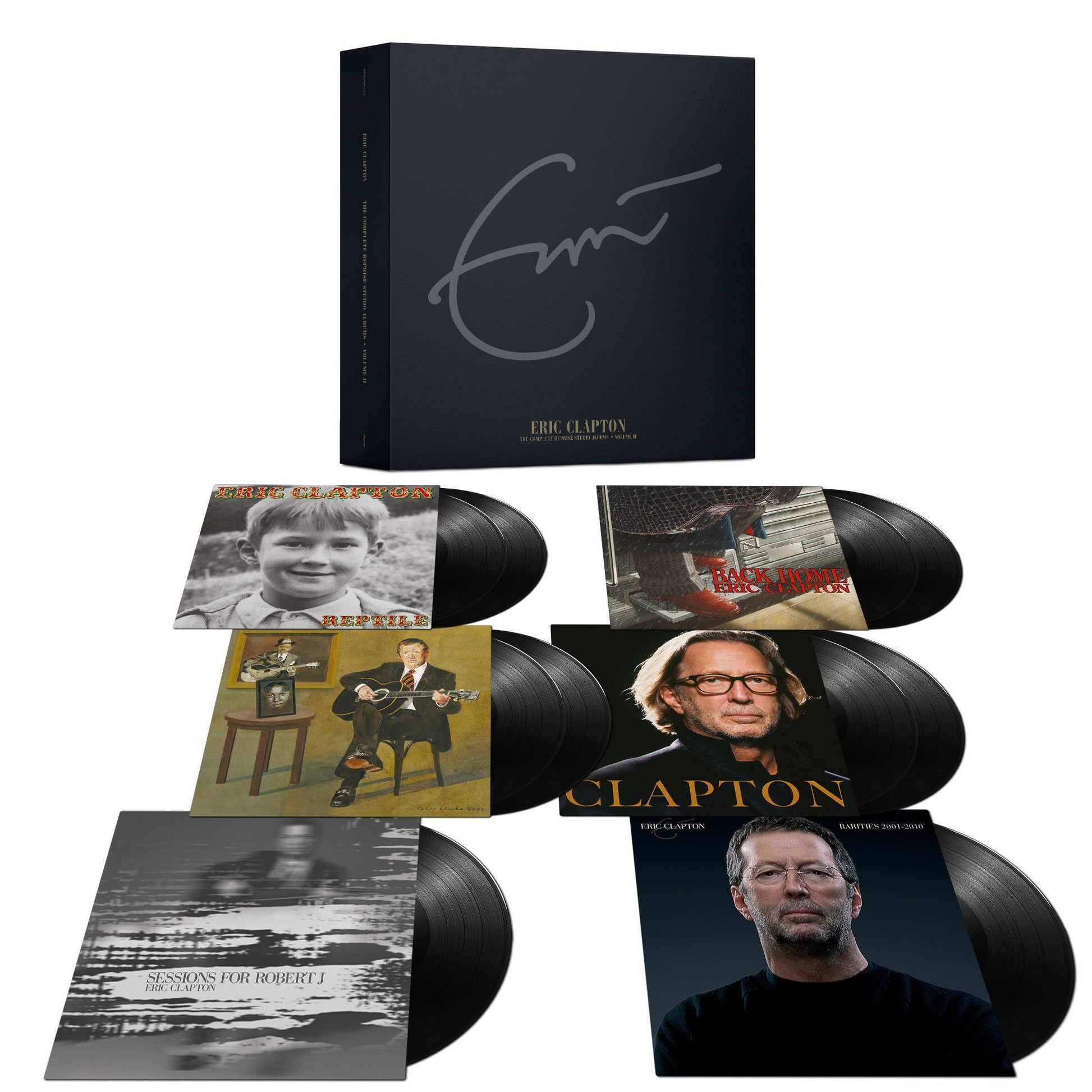 Eric Clapton vinyl box set containing multiple album covers and black vinyl records.