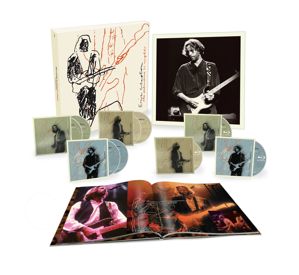 Eric Clapton The Definitive 24 Nights box set with CDs, Blu-rays, and a photo book.