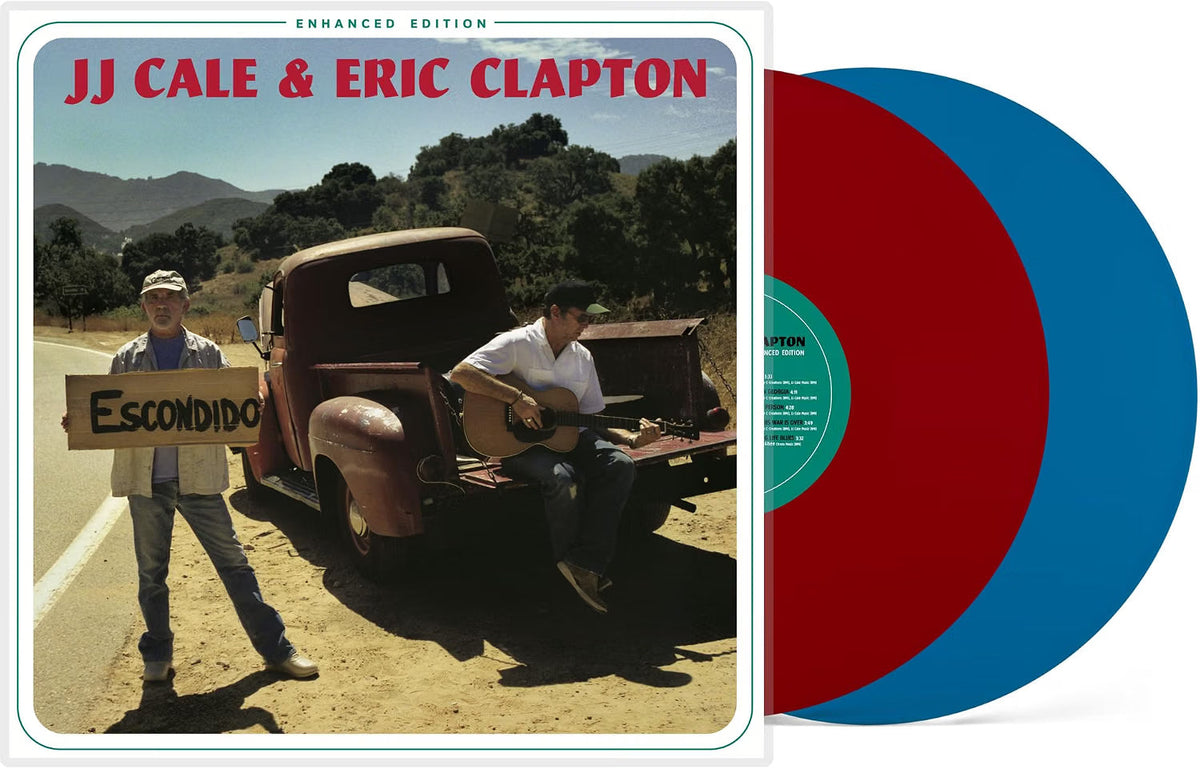 JJ Cale & Eric Clapton album cover with red and blue vinyl records.