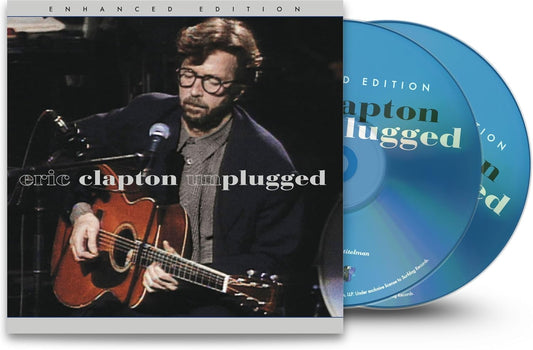 Eric Clapton playing acoustic guitar on the Unplugged Enhanced Edition CD cover and discs.