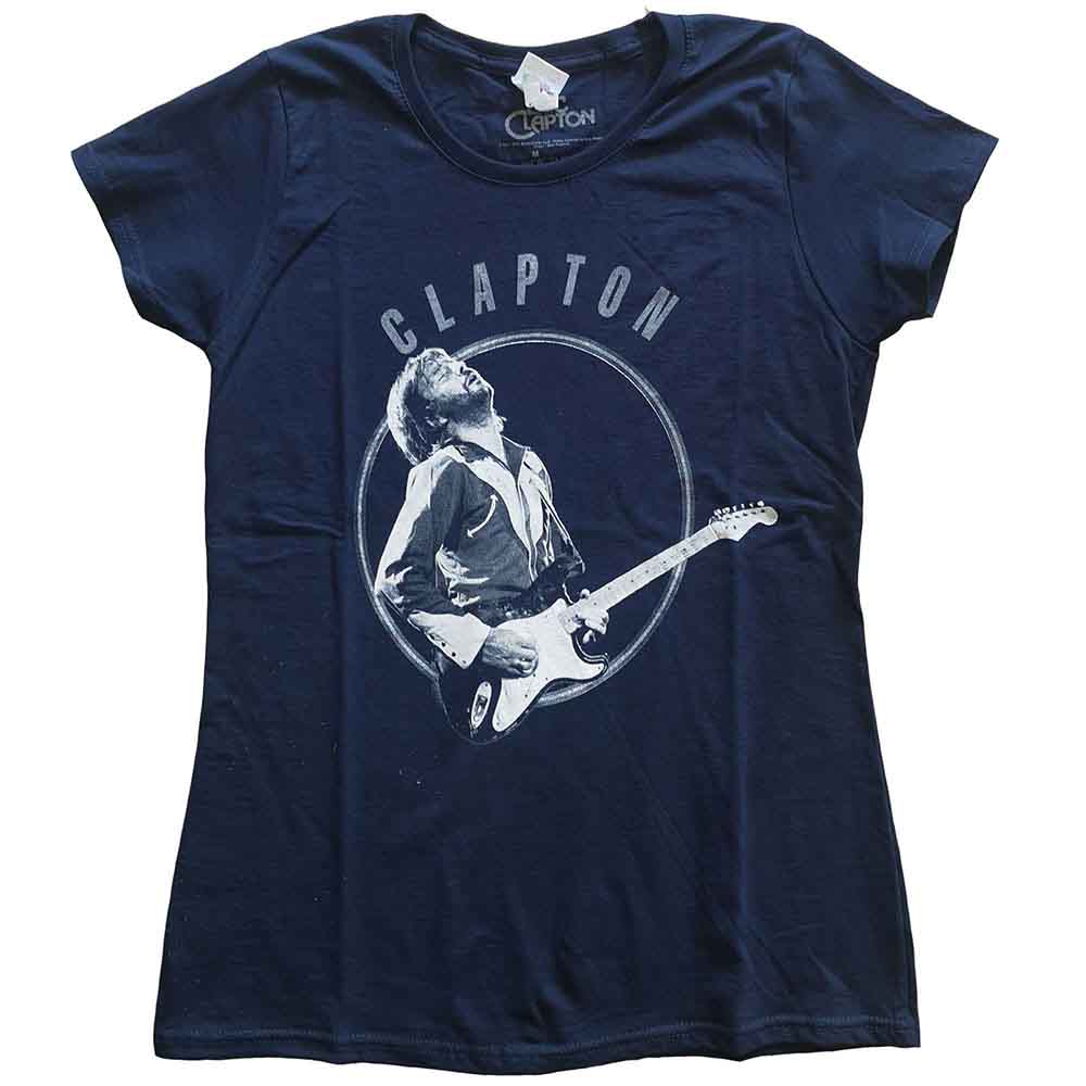 Navy blue women’s t-shirt with Eric Clapton portrait and guitar graphic.