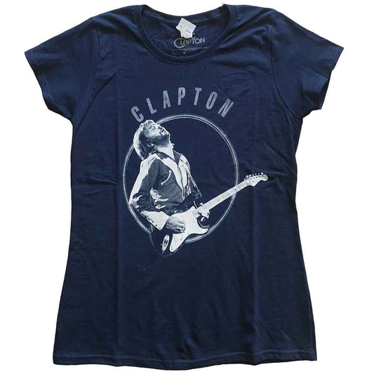 Navy blue women’s t-shirt with Eric Clapton portrait and guitar graphic.