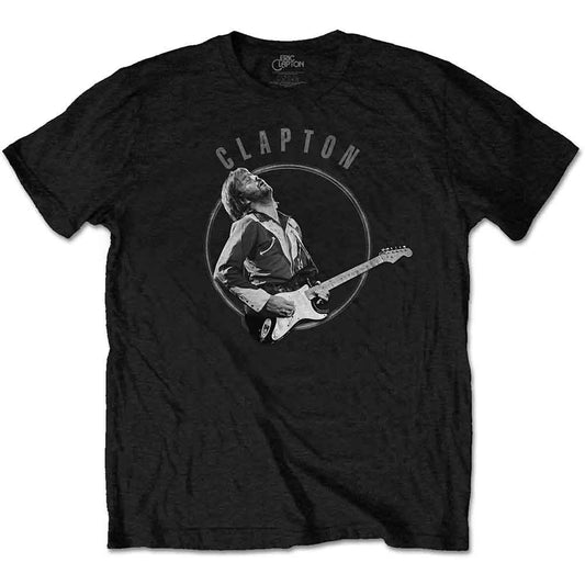 Black t-shirt with a grayscale photo of Eric Clapton playing guitar.