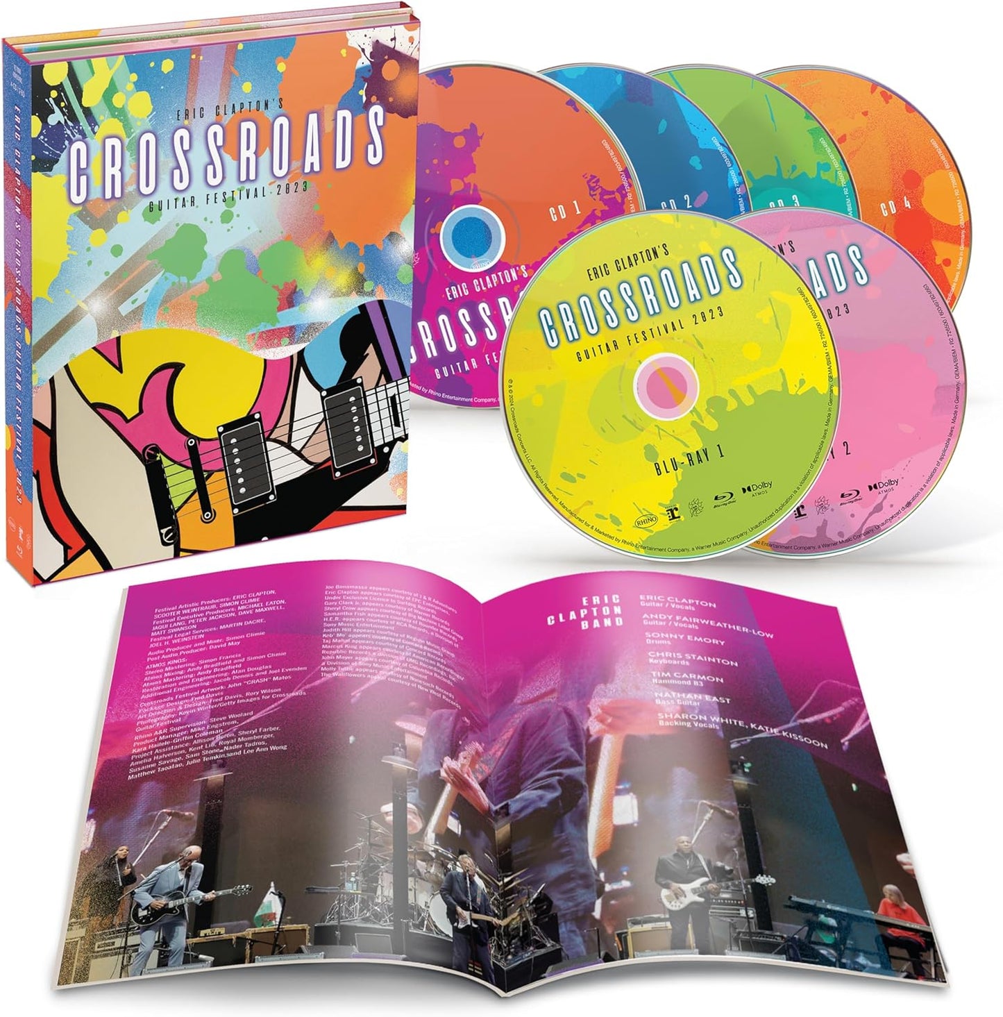 Eric Clapton's Crossroads Guitar Festival 2023 Blu-ray with guitars and musicians.