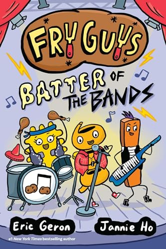 Cartoon french fries playing musical instruments on a stage.