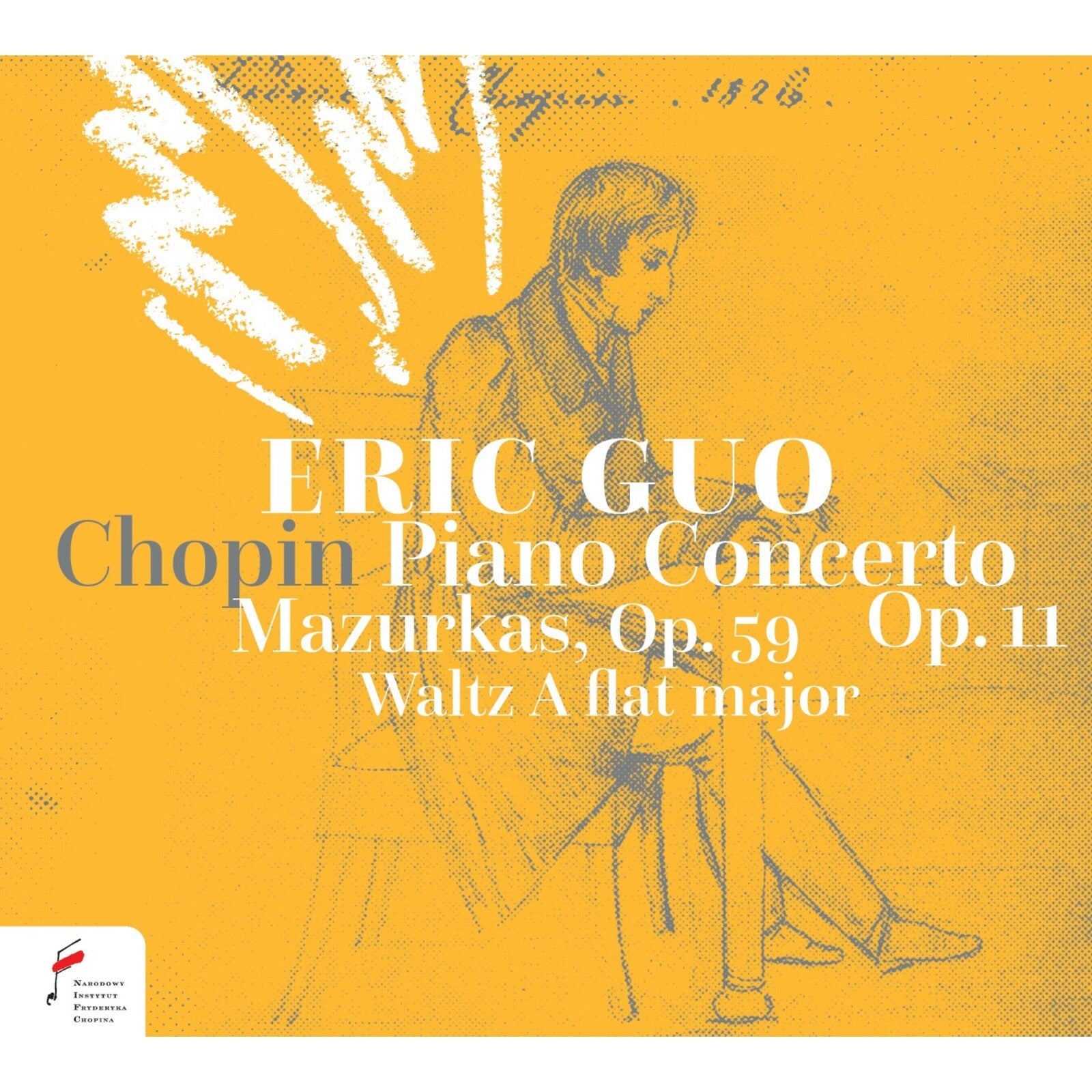 CD cover: Chopin piano concerto by Eric Guo, yellow background, sketch.