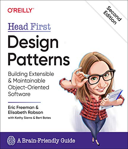Book cover for Head First Design Patterns featuring a cartoon woman holding a book.