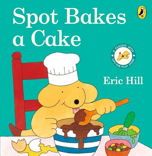 Spot the dog, wearing a chef’s hat, stirs batter in a bowl.