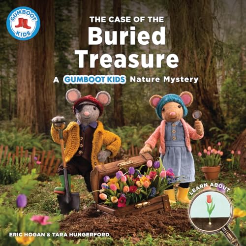 Two mouse characters discover a treasure chest filled with flowers in a forest.