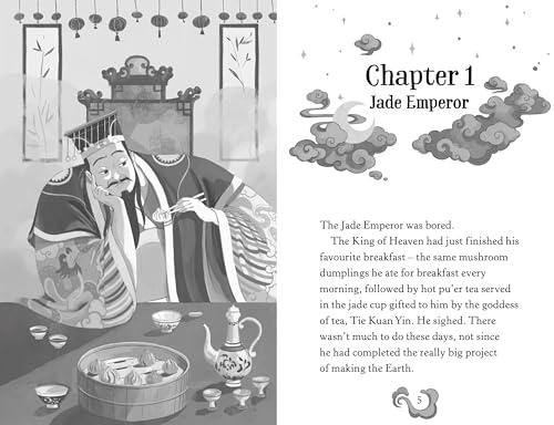 Black and white illustration of the Jade Emperor eating dumplings at a table.