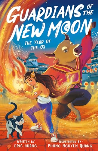 A girl, an ox-like creature, and a cat stand before a traditional building.